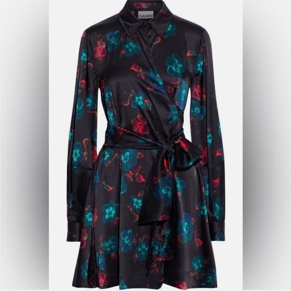 Ganni Dresses & Skirts - GANNI Black Silk Blend Red Blue Floral Long Puff Sleeves Wrap Mini Dress Size 42